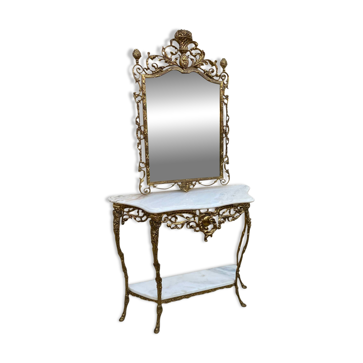 Console and mirror set in brass, Louis XV Rococo style.