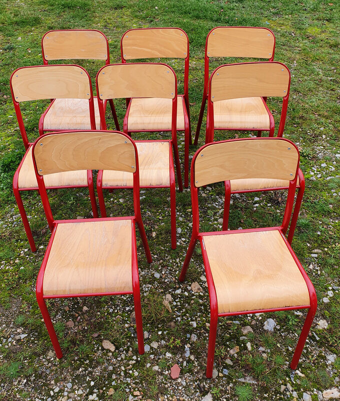 8 burgundy tube chairs with wooden seat