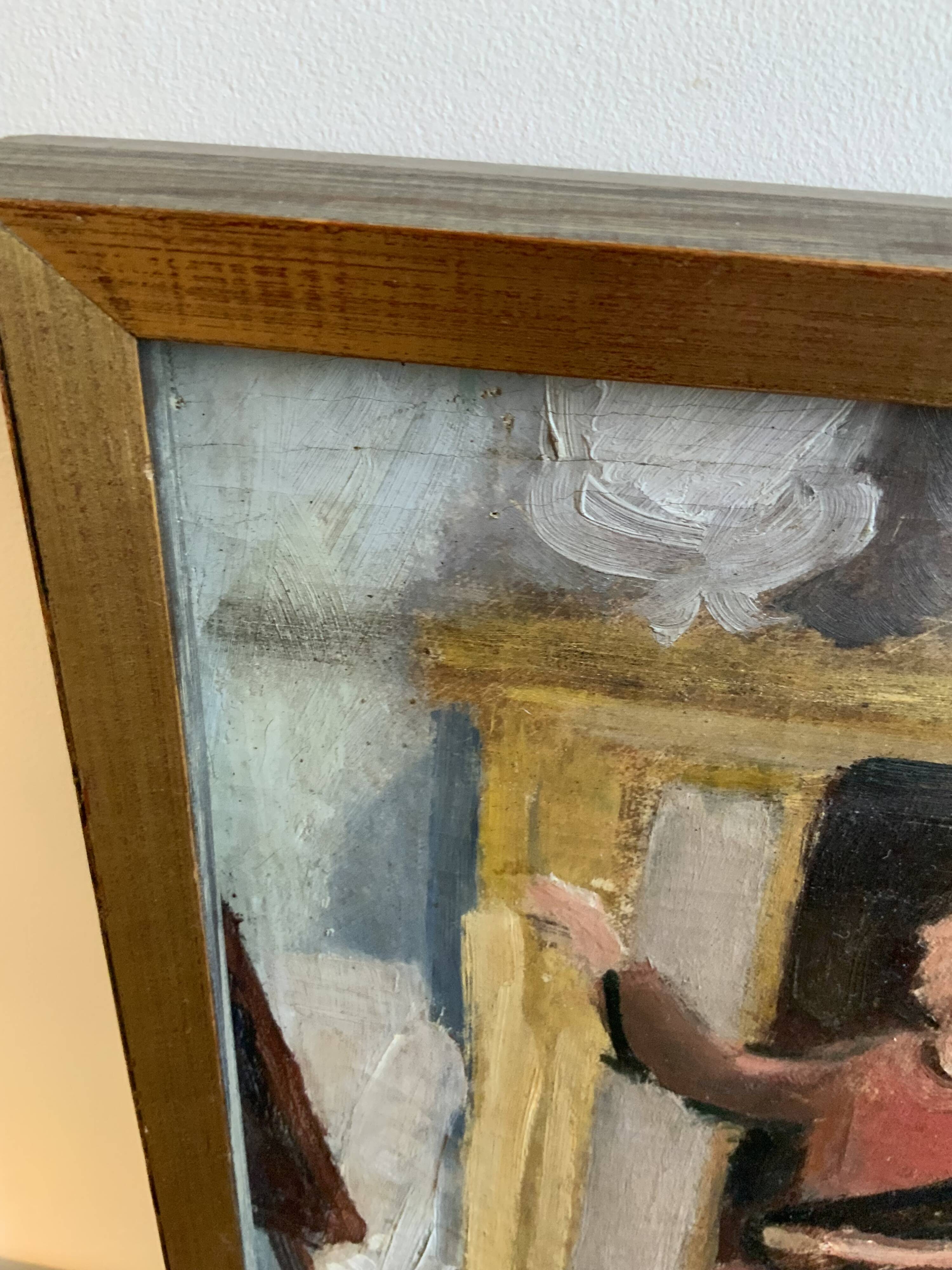 Vintage Oil On Canvas Interior with Woman Signed By Artist W.S., circa 1950s