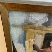 Vintage Oil On Canvas Interior with Woman Signed By Artist W.S., circa 1950s