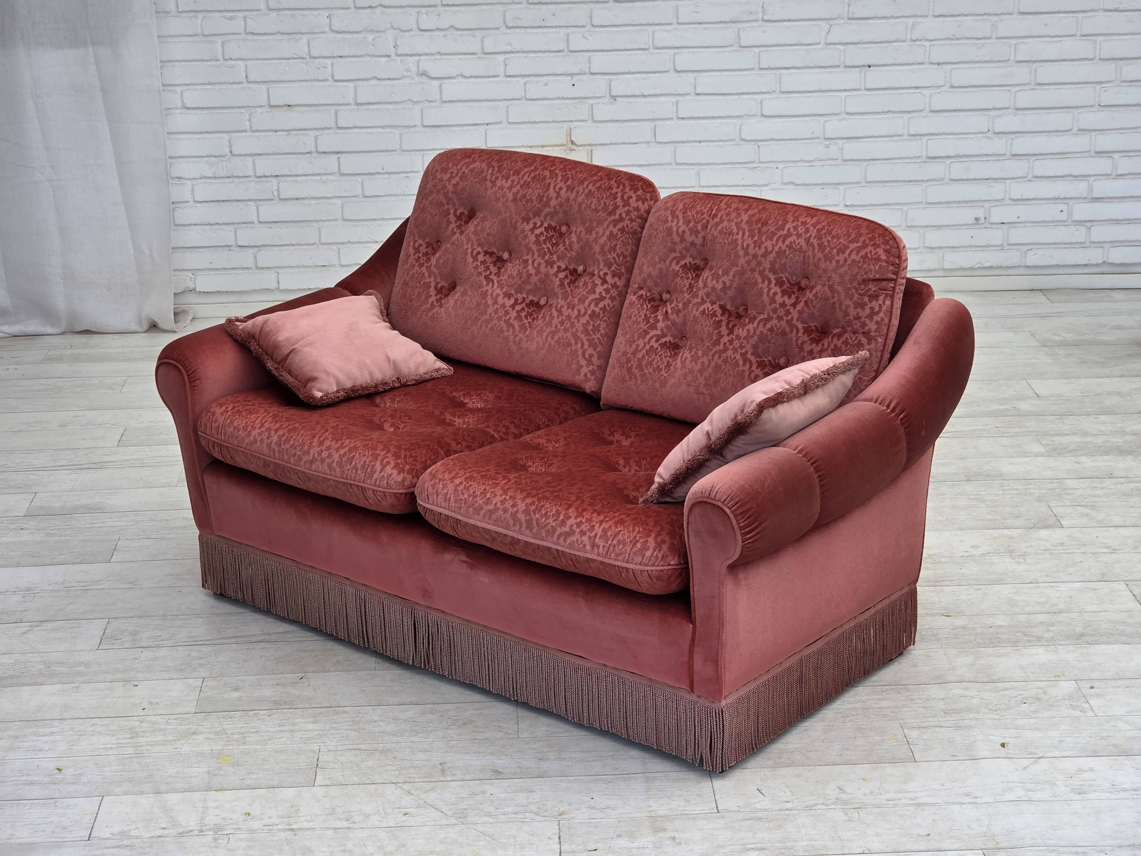 1980s, Scandinavian 2-seater sofa, pink furniture velour.