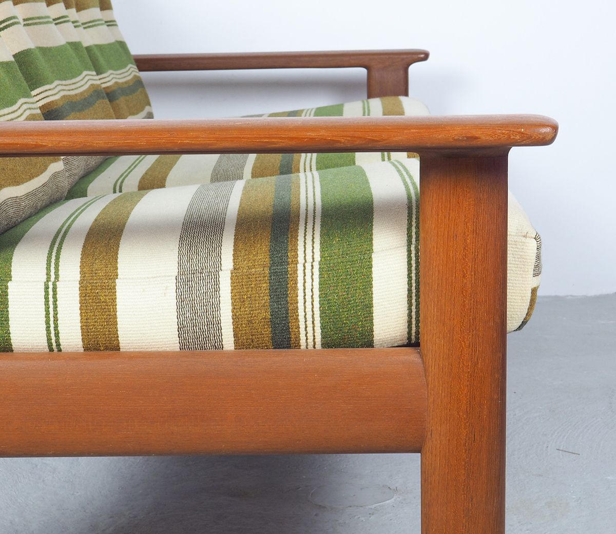 Danish design teak sofa with green striped cushions, 1960's