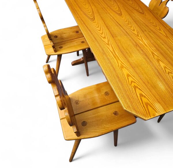 Chaises et table Cepelia Tiroler, ensemble de 5 pièces, Pologne, années 1960, marquées.