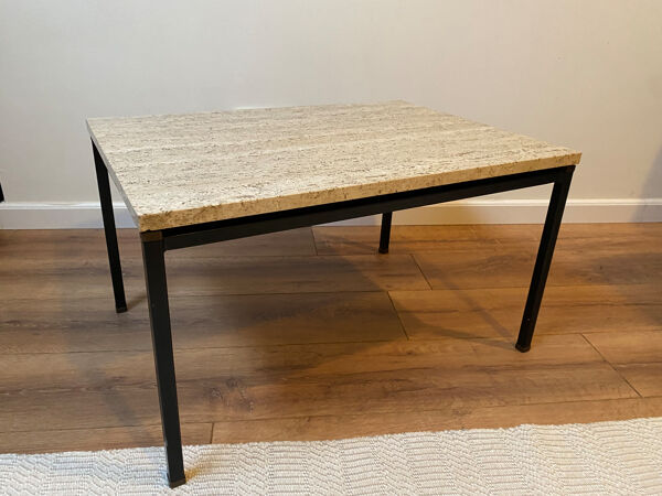 Table italienne en laiton travertin et acier ou table basse, années 1960