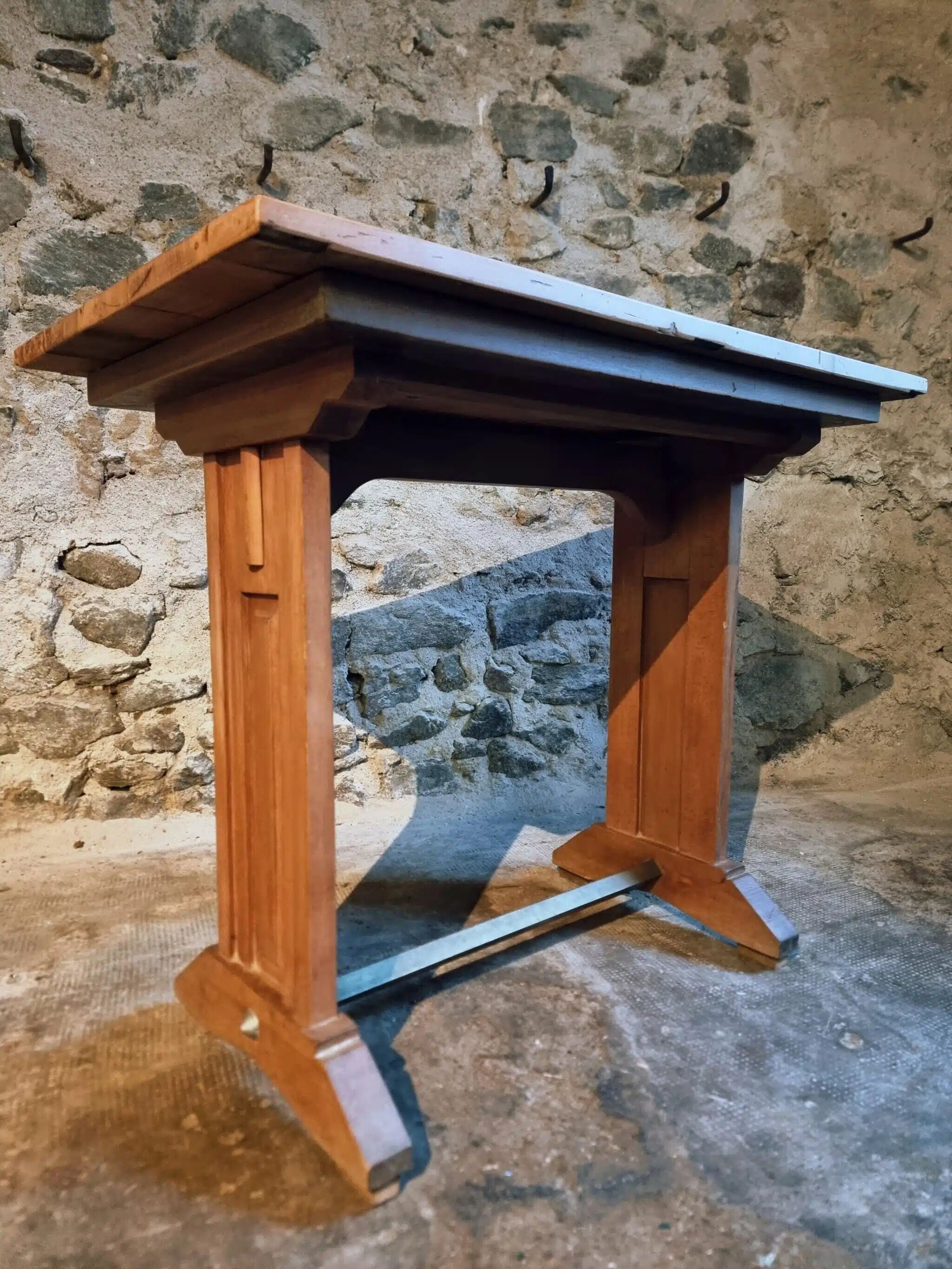 Vintage 1930s French bistro table – beech base, walnut top and nickel-plated stand