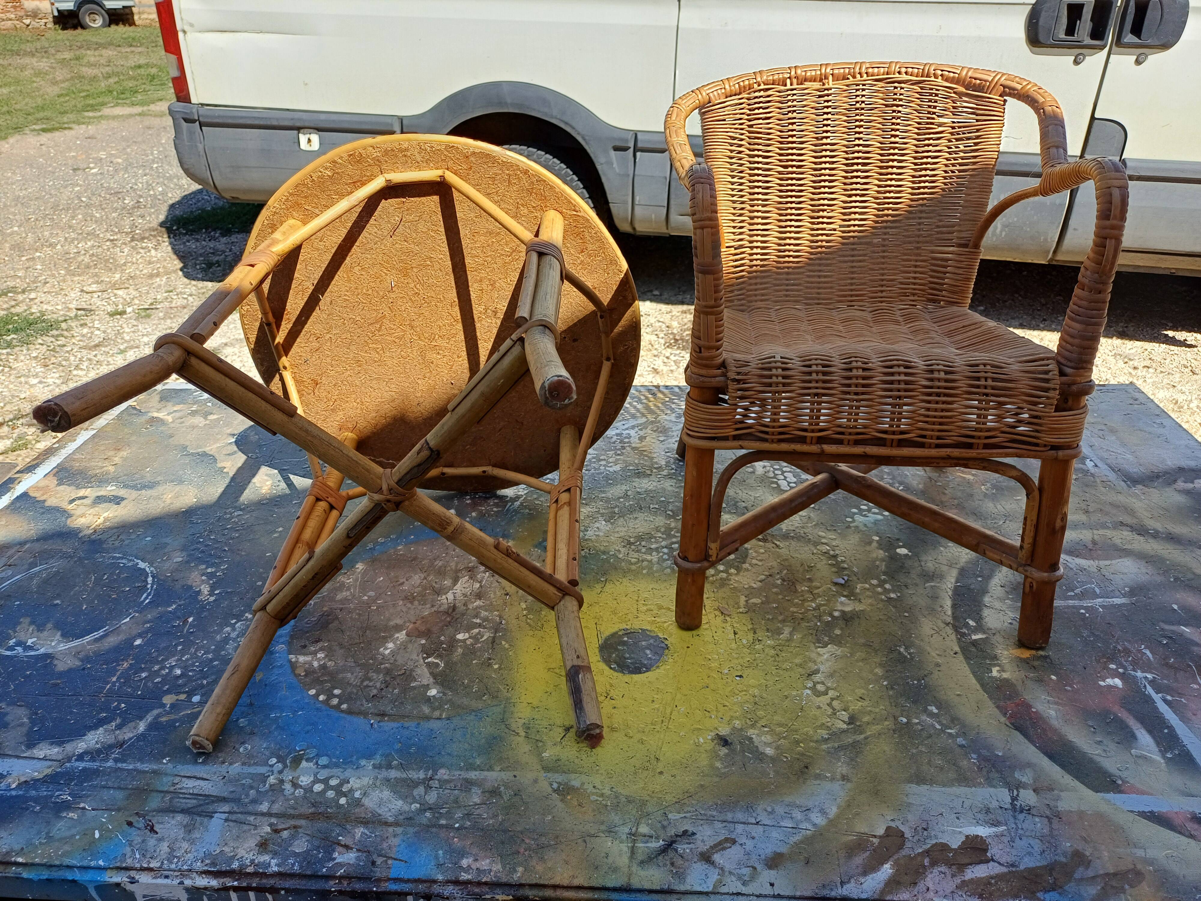 Vintage Bamboo and Rattan Children's Table + Armchair