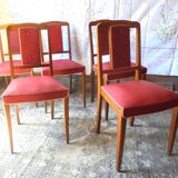 Set of 5 wooden chairs and red skaï