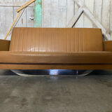 Vintage 60s 70s Brown Faux Leather Sofa Bed with Armrests #D4