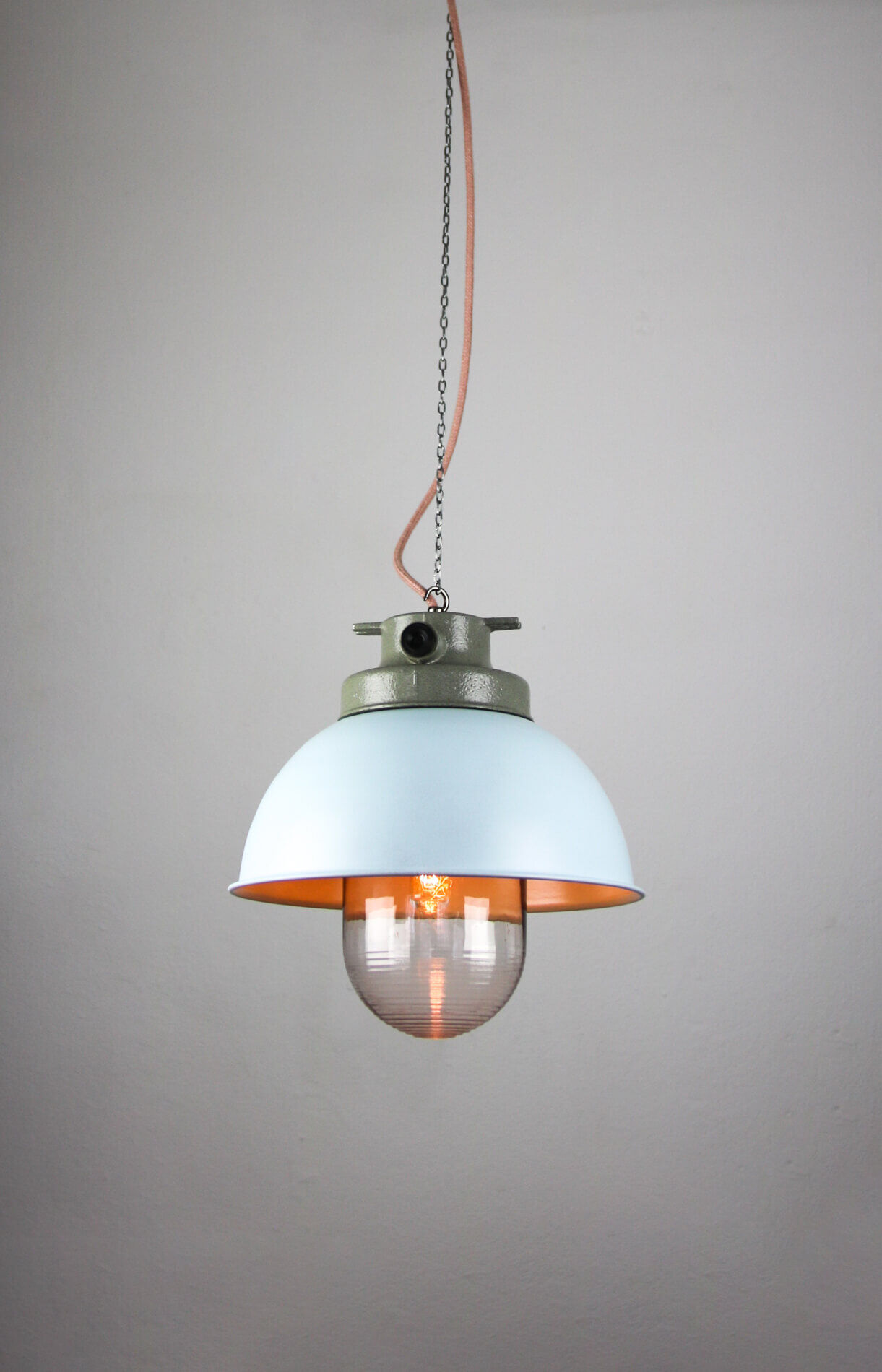 Light blue industrial hanging light from tep