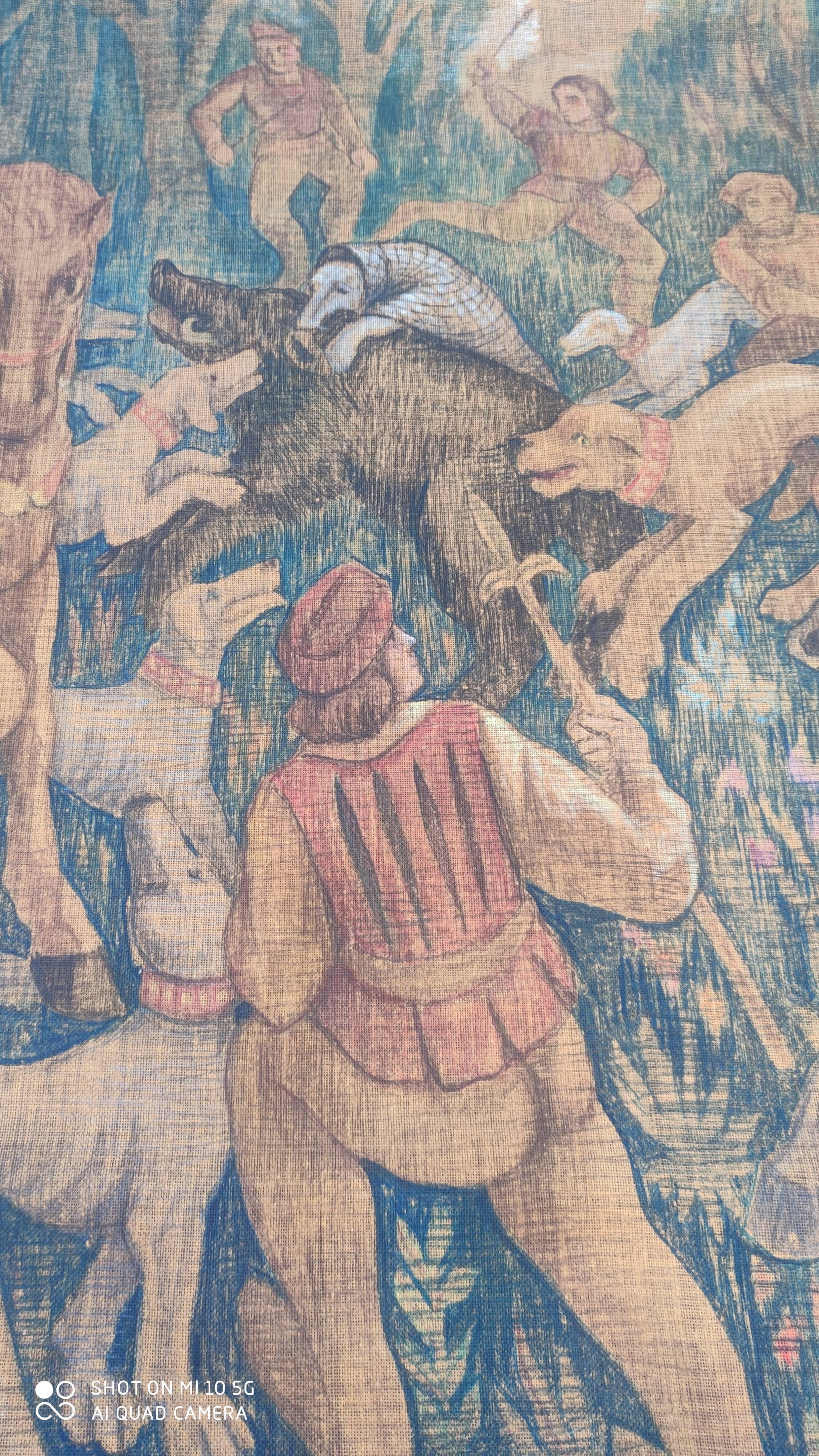 Painted burlap canvas depicting a medieval hunting scene circa 1950 by André Pierre BOURBIOUX, known as "Boul"