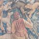 Painted burlap canvas depicting a medieval hunting scene circa 1950 by André Pierre BOURBIOUX, known as "Boul"