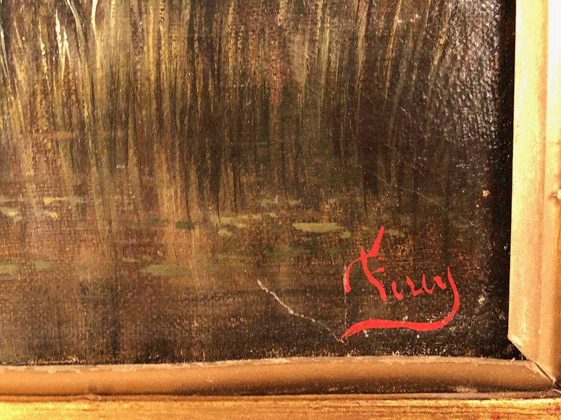 Prosper Ferey, large oil on canvas, “Shepherdess and her flock” mid-19th century