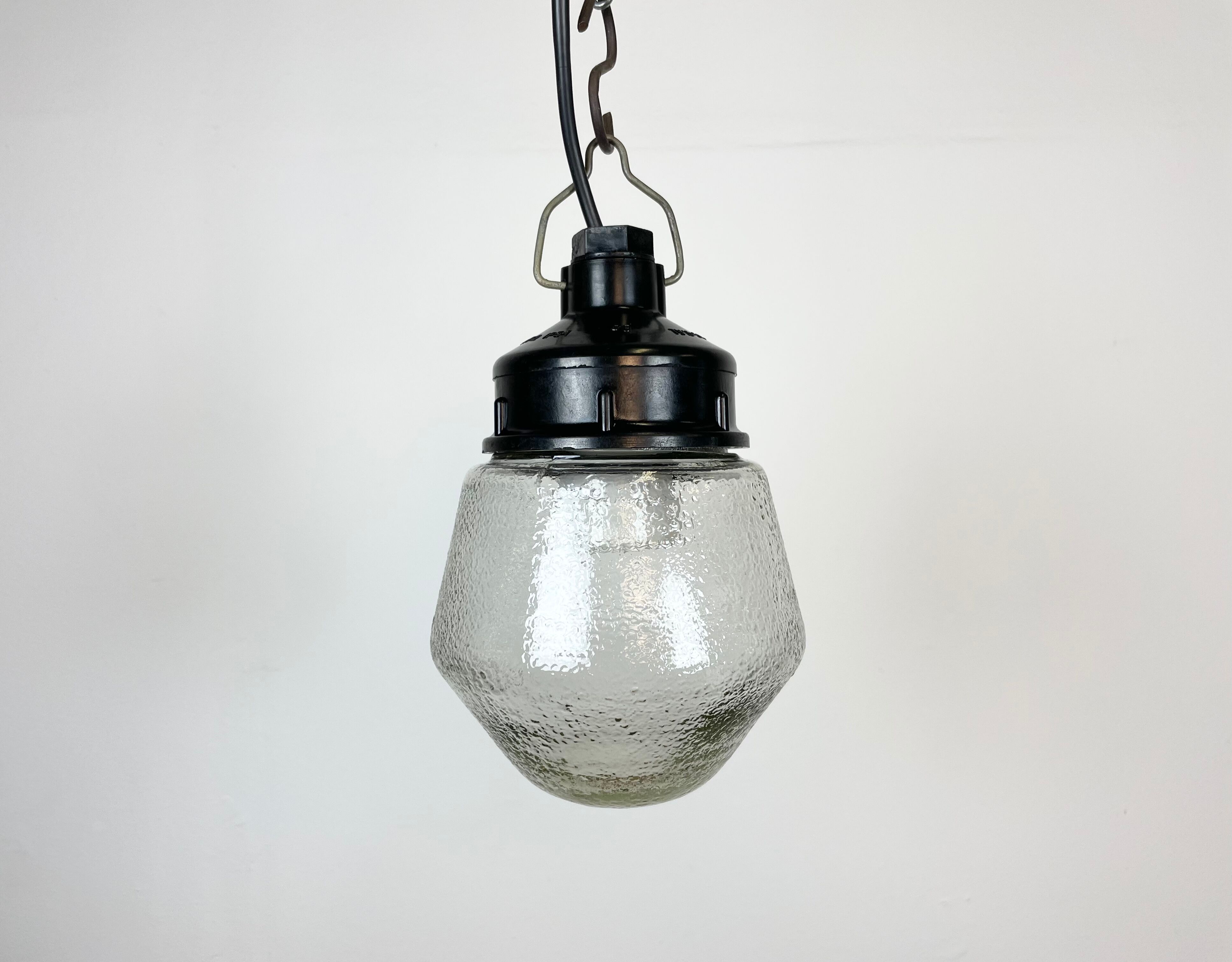 Industrial Bakelite Pendant Light with Frosted Glass, 1970s