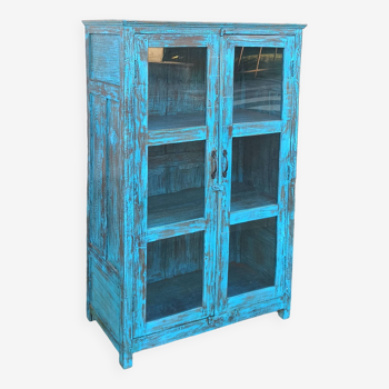 Armoire vitrée en bois ancien bleu