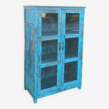 Glass cabinet in old blue wood