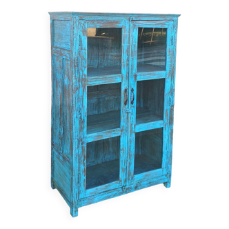 Armoire vitrée en bois ancien bleu