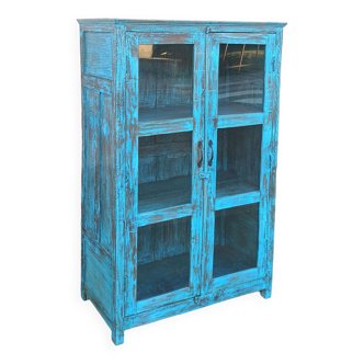 Glass cabinet in old blue wood