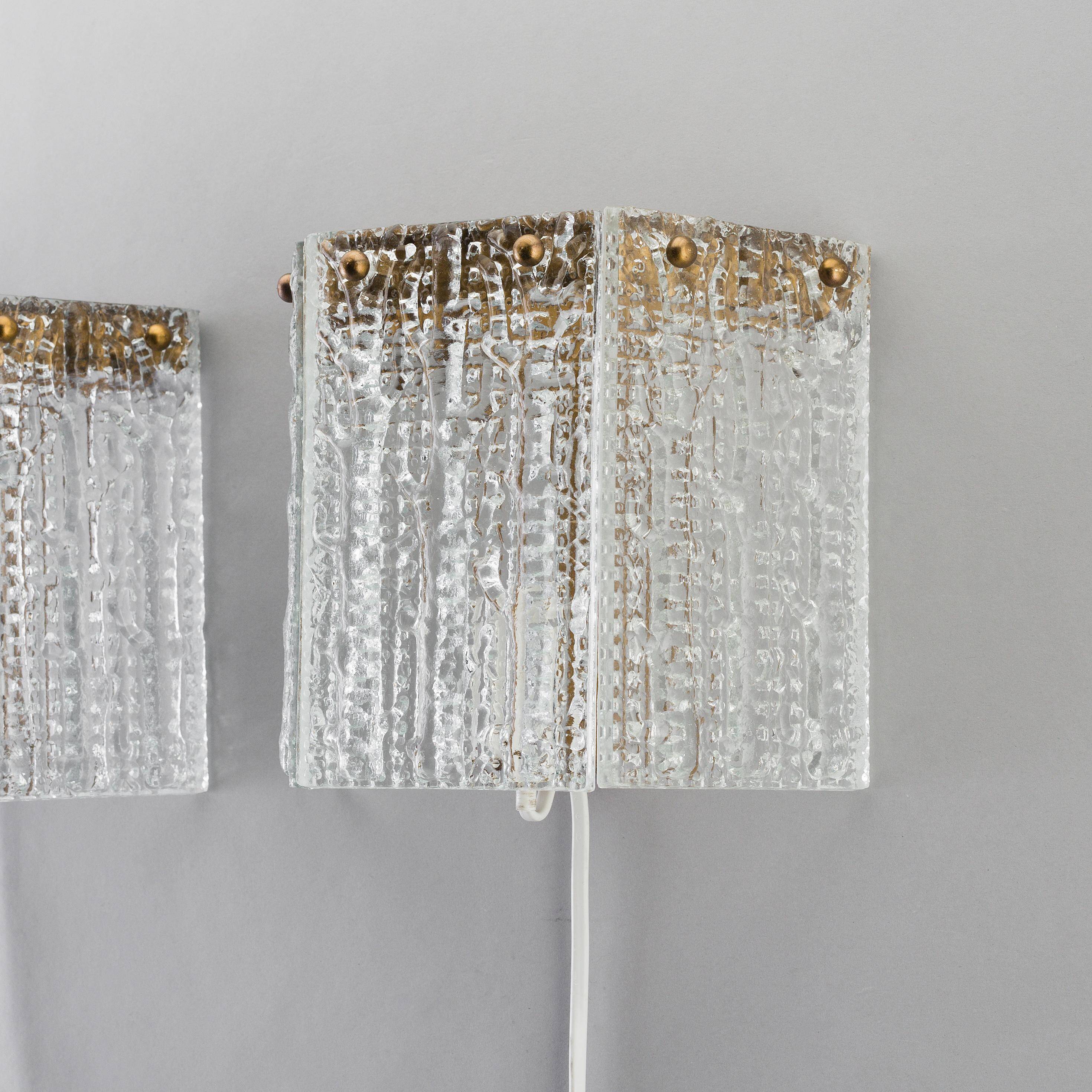 Orrefors Wall Sconces / Wall Lanterns Glass and Brass. Sweden 1960.