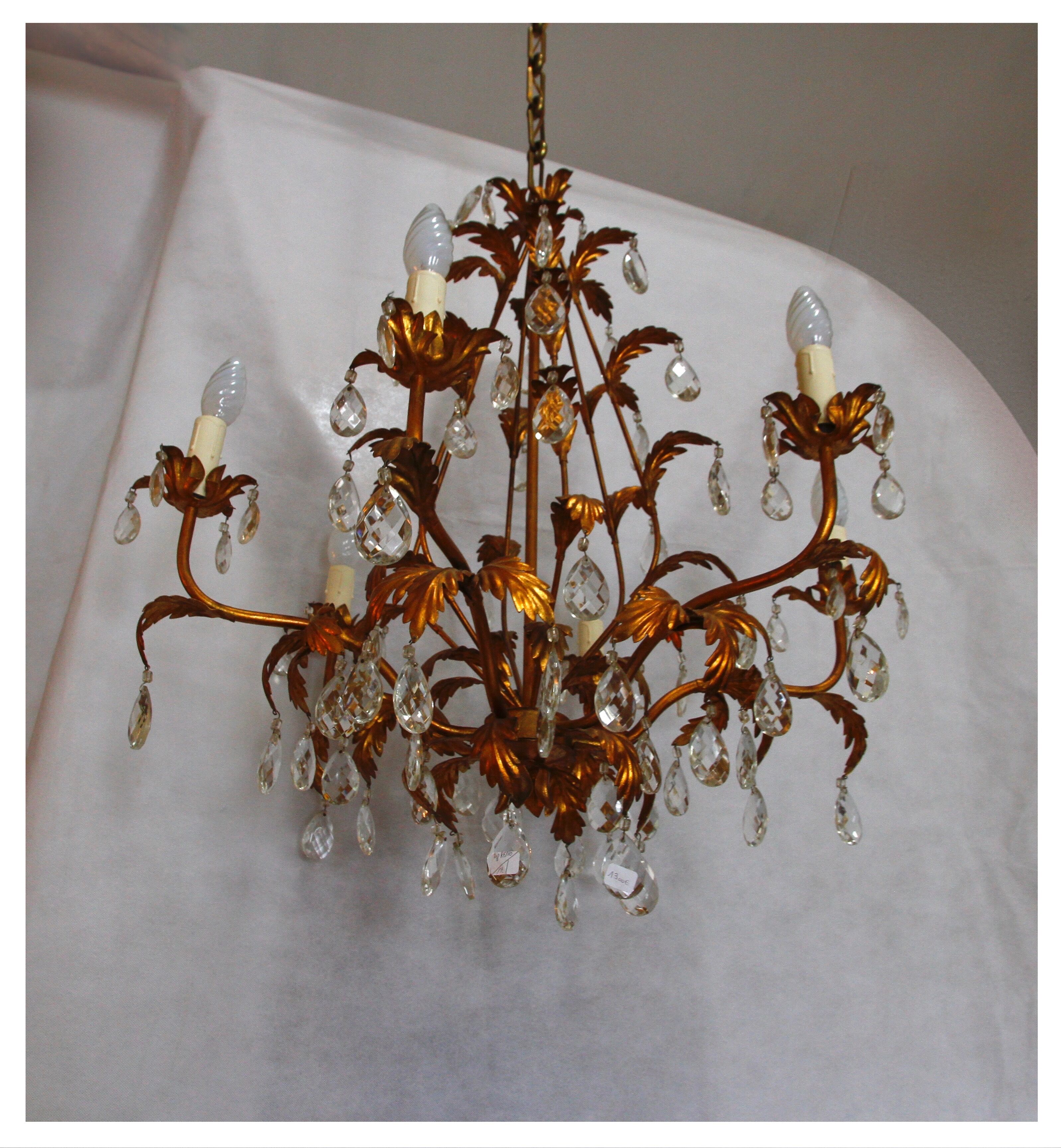 6-light bronze and Bohemian crystal chandelier, early 20th century