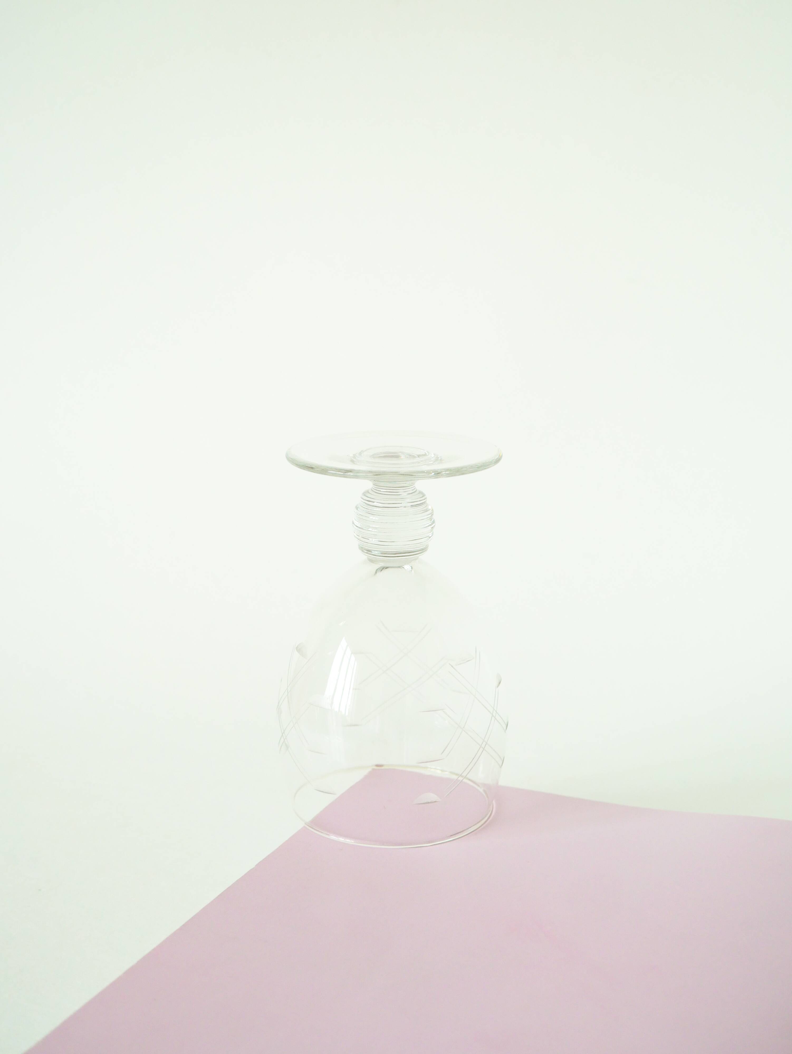 Set of 5 small wine glasses with intricately carved stems, in engraved crystal, Art No.