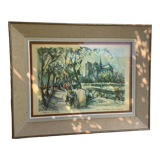 Lithograph notre dame et les bouquinistes signed by Marius Girard vintage