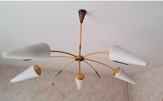 Antique 5-branch chandelier in brass and white glass