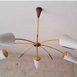 Ancien lustre 5-branches en laiton et verre blanc