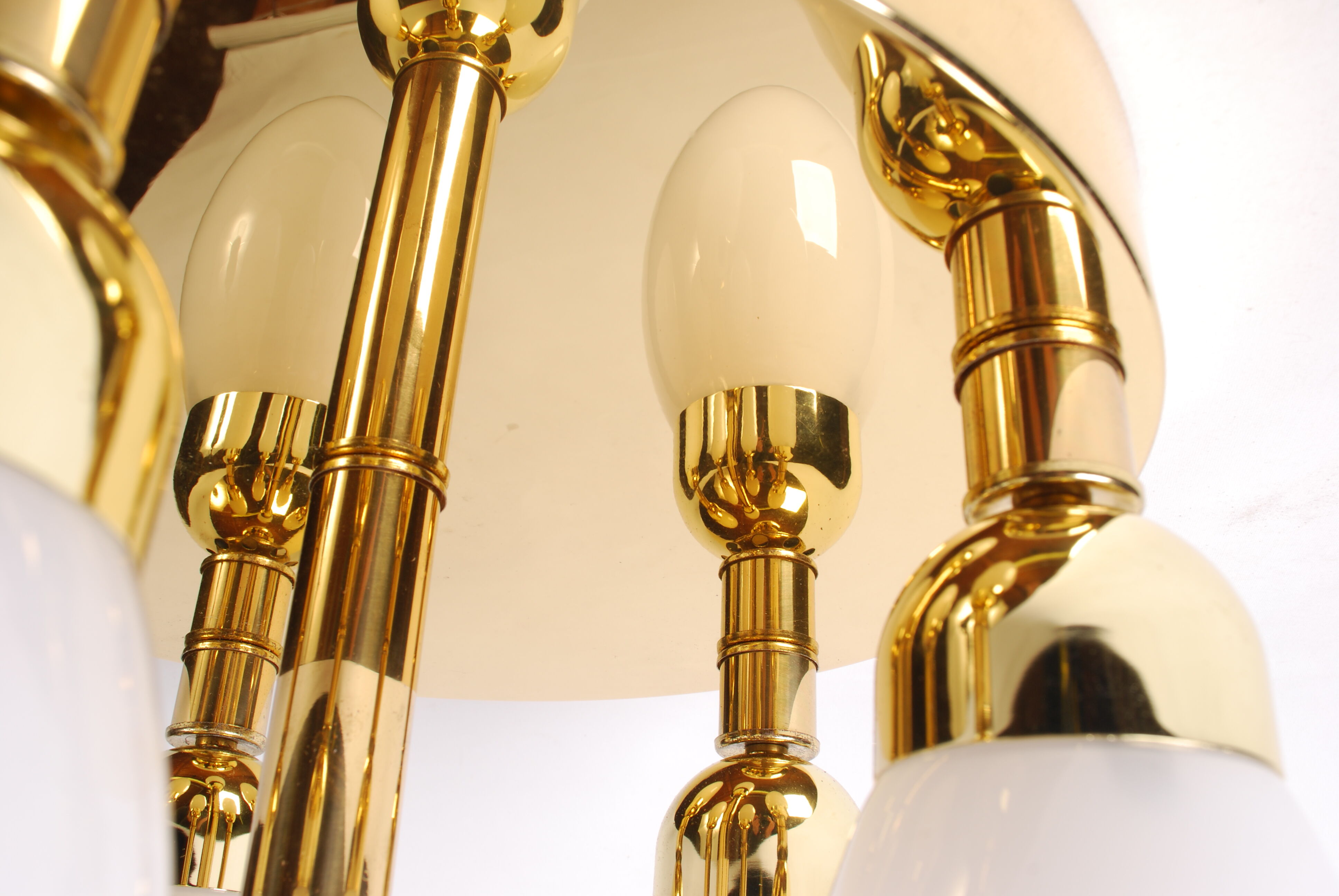 sputnik flush mount, atomic brass ceiling fixture with six opaline cone shaped globes, 1970's