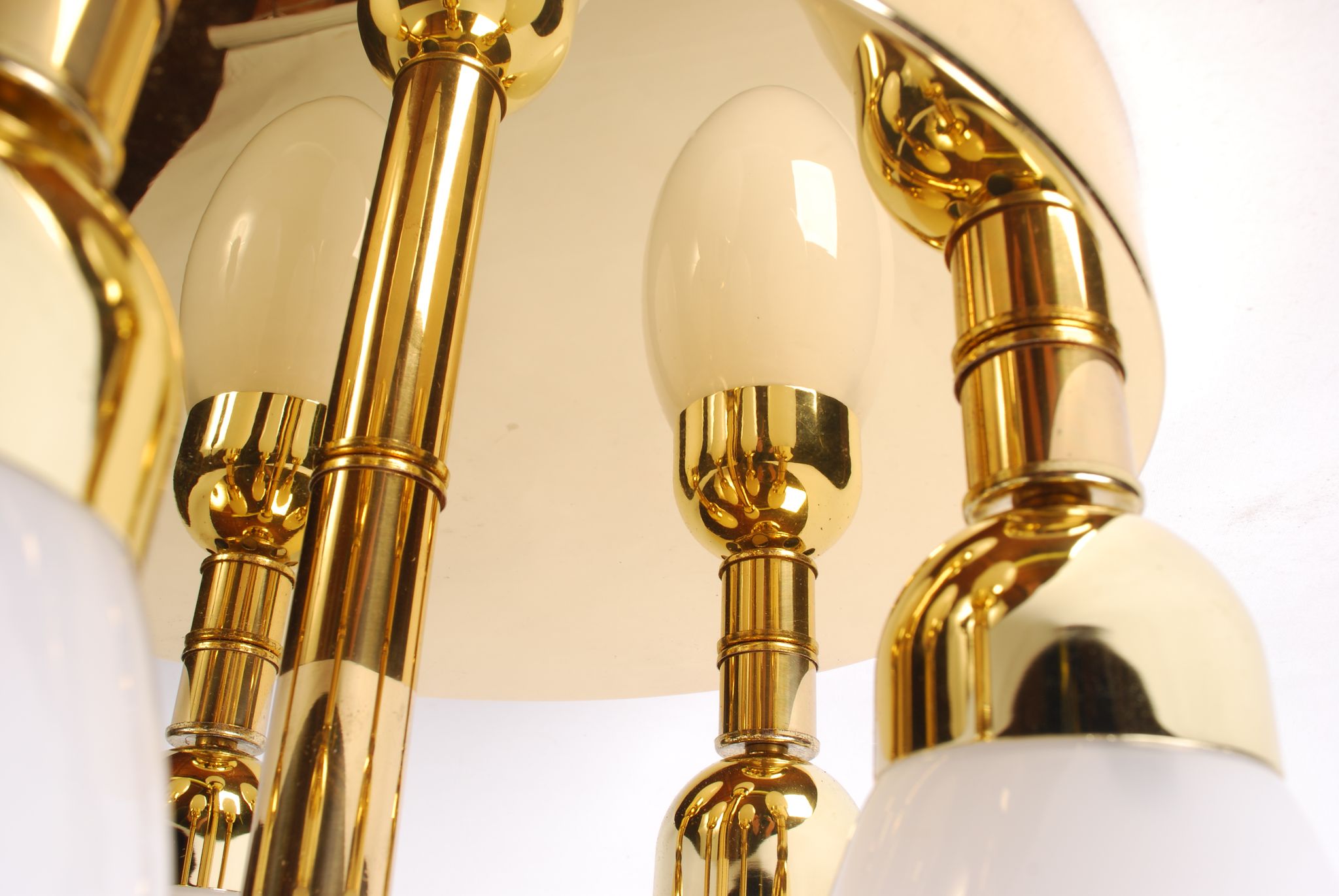 sputnik flush mount, atomic brass ceiling fixture with six opaline cone shaped globes, 1970's