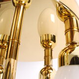 sputnik flush mount, atomic brass ceiling fixture with six opaline cone shaped globes, 1970's