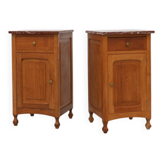 Paire de tables de chevet Art déco françaises en chêne avec plateaux en marbre, années 1930