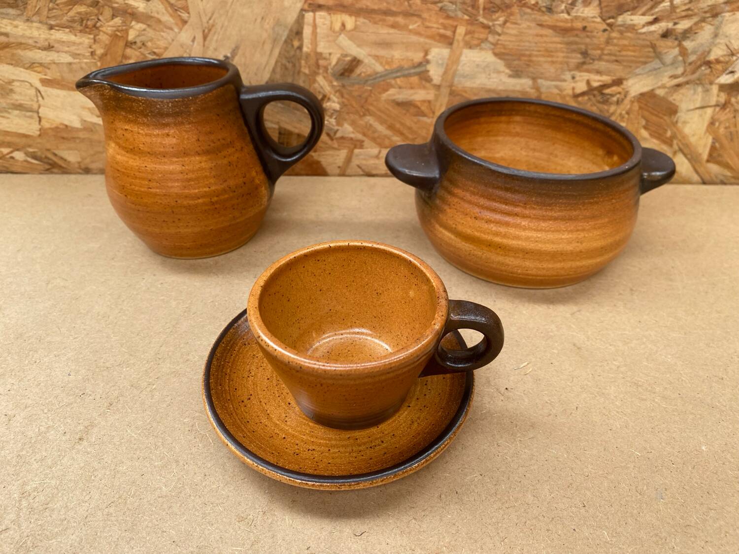 Old tea coffee service st amand meylan ceramic brown beige vintage