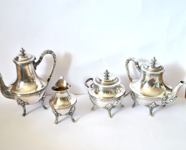 Service à café ancien théière cafetière en métal argenté décor feuille acanthe - orfèvre A. Frenais