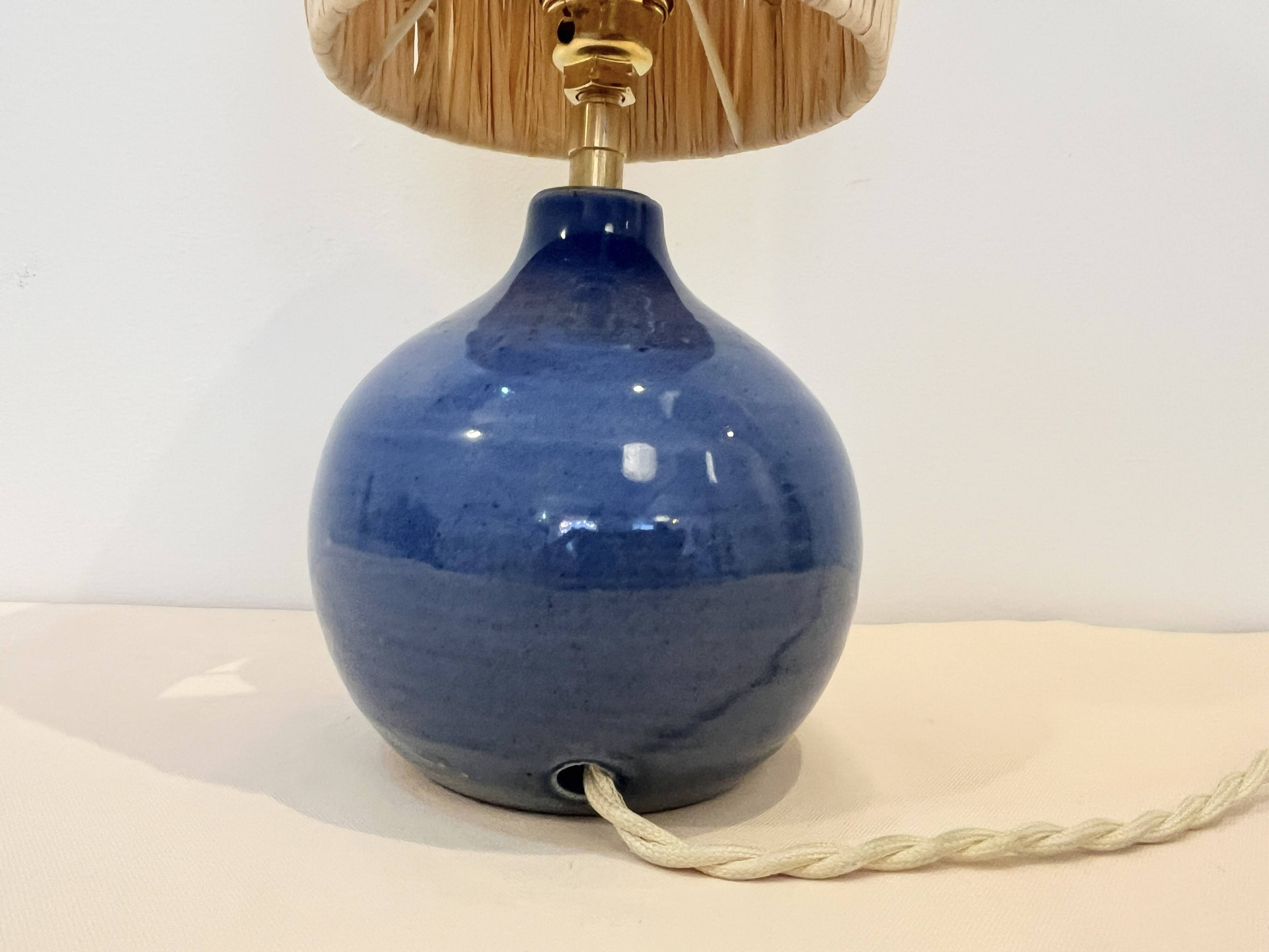Vintage ball lamp base in blue ceramic stoneware with raffia rope lampshade