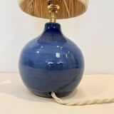 Vintage ball lamp base in blue ceramic stoneware with raffia rope lampshade