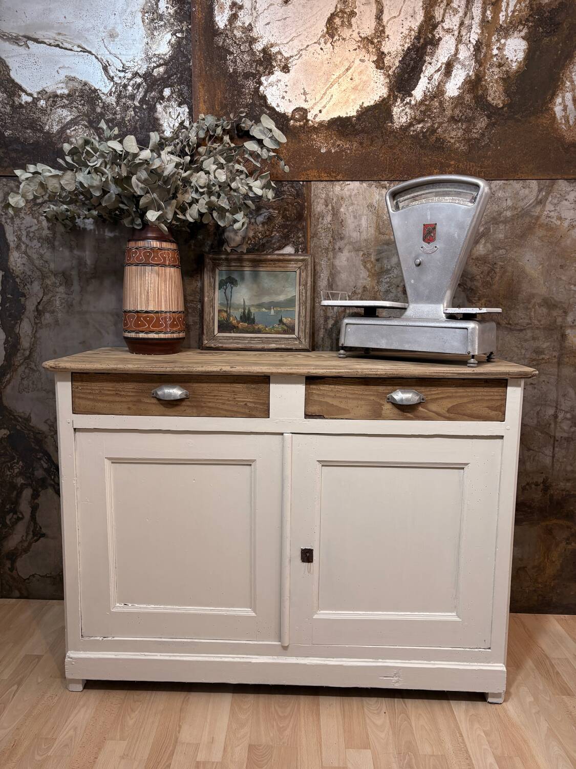 Rustic wooden and paper Parisian buffet