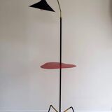 Vintage tripod floor lamp with red tablet Black metal and scoubidou
