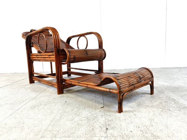 Chaise de jardin, chaise longue en rotin et bambou, années 1950