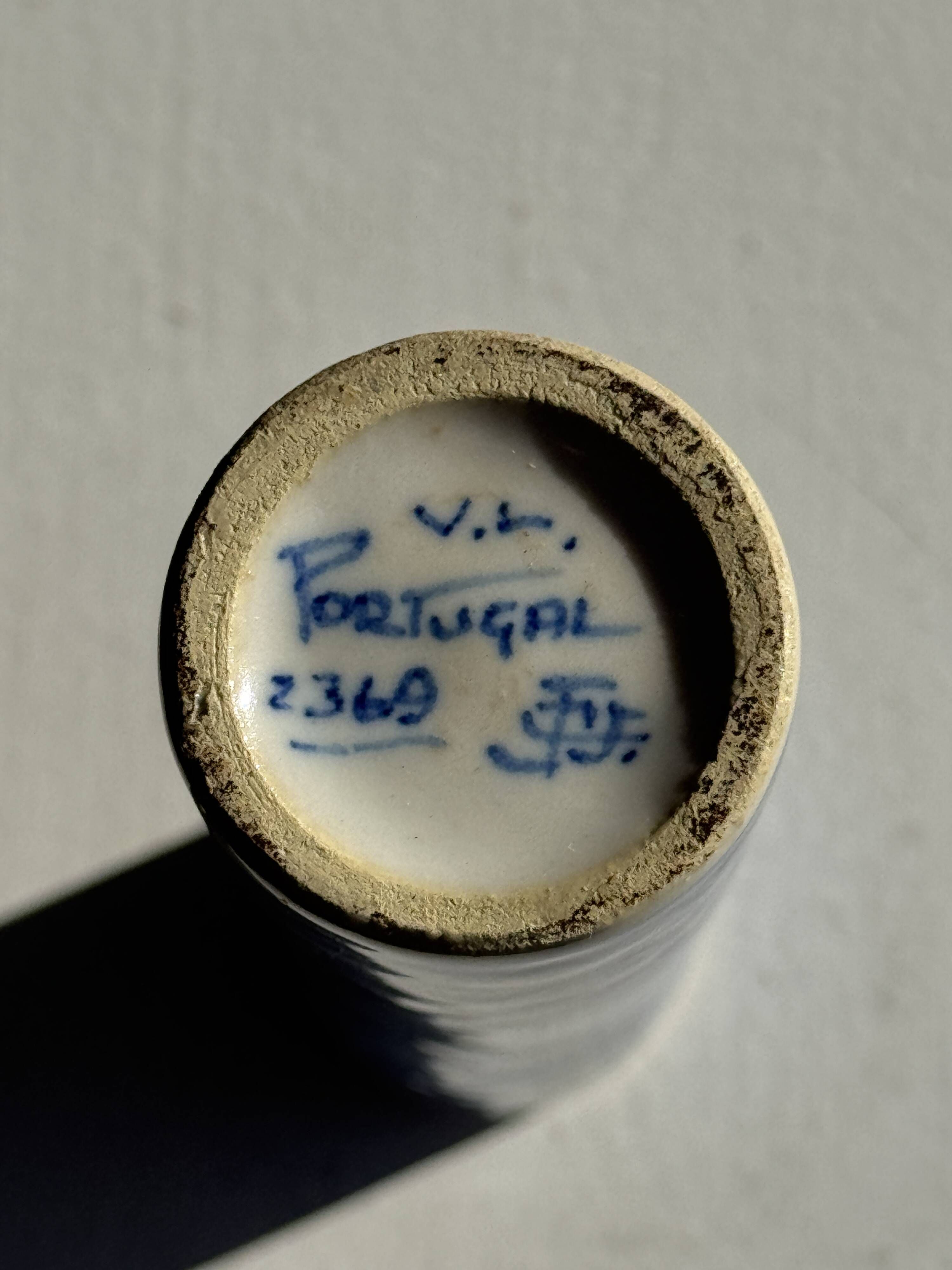 Vintage blue and white earthenware soliflore vase from Portugal.