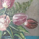 Painting, still life, bouquet of flowers, tulips and ferns