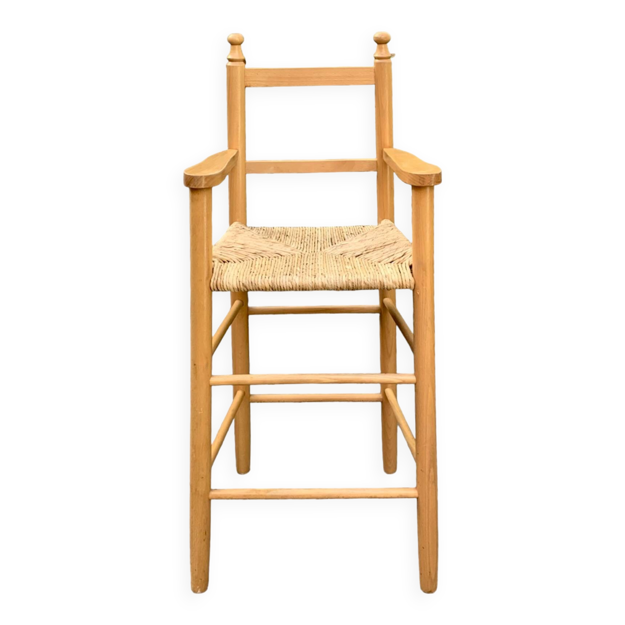 Old wooden and straw high chair for children