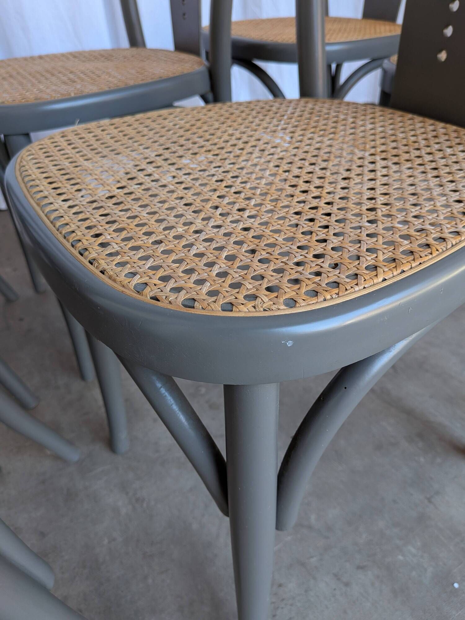 Set of 8 Vintage Gray Bentwood Dining Chair: Thonet Style Cane Seat