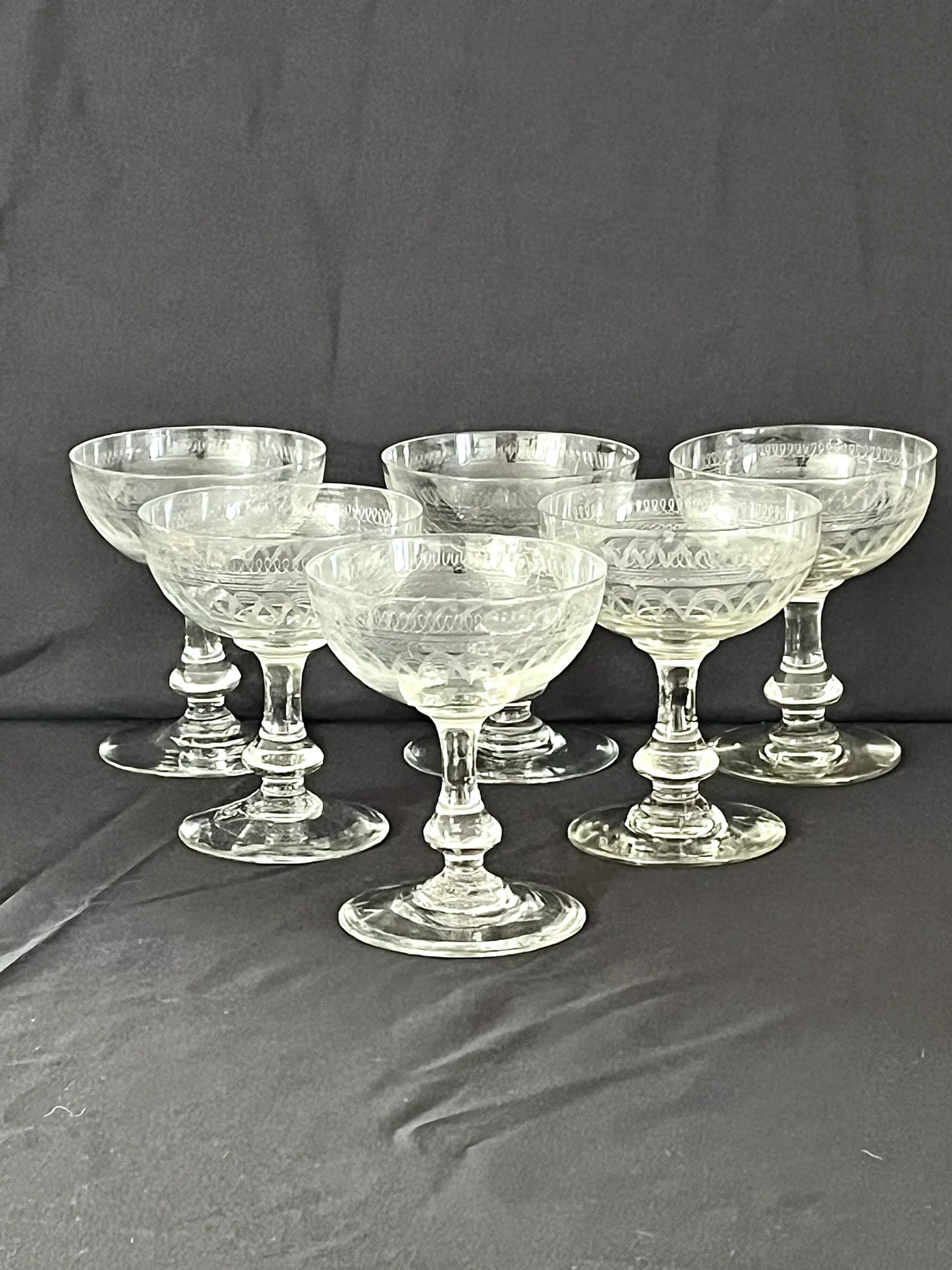 Champagne Coupes – Set of 6 Antique Hand Engraved Art Deco Stemware