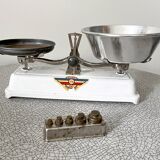 Vintage toy balance roberval made in france with tray and complete set of weights.