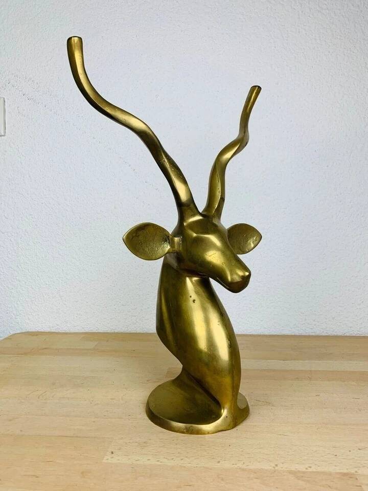 XXL vintage brass antelope head sculpture