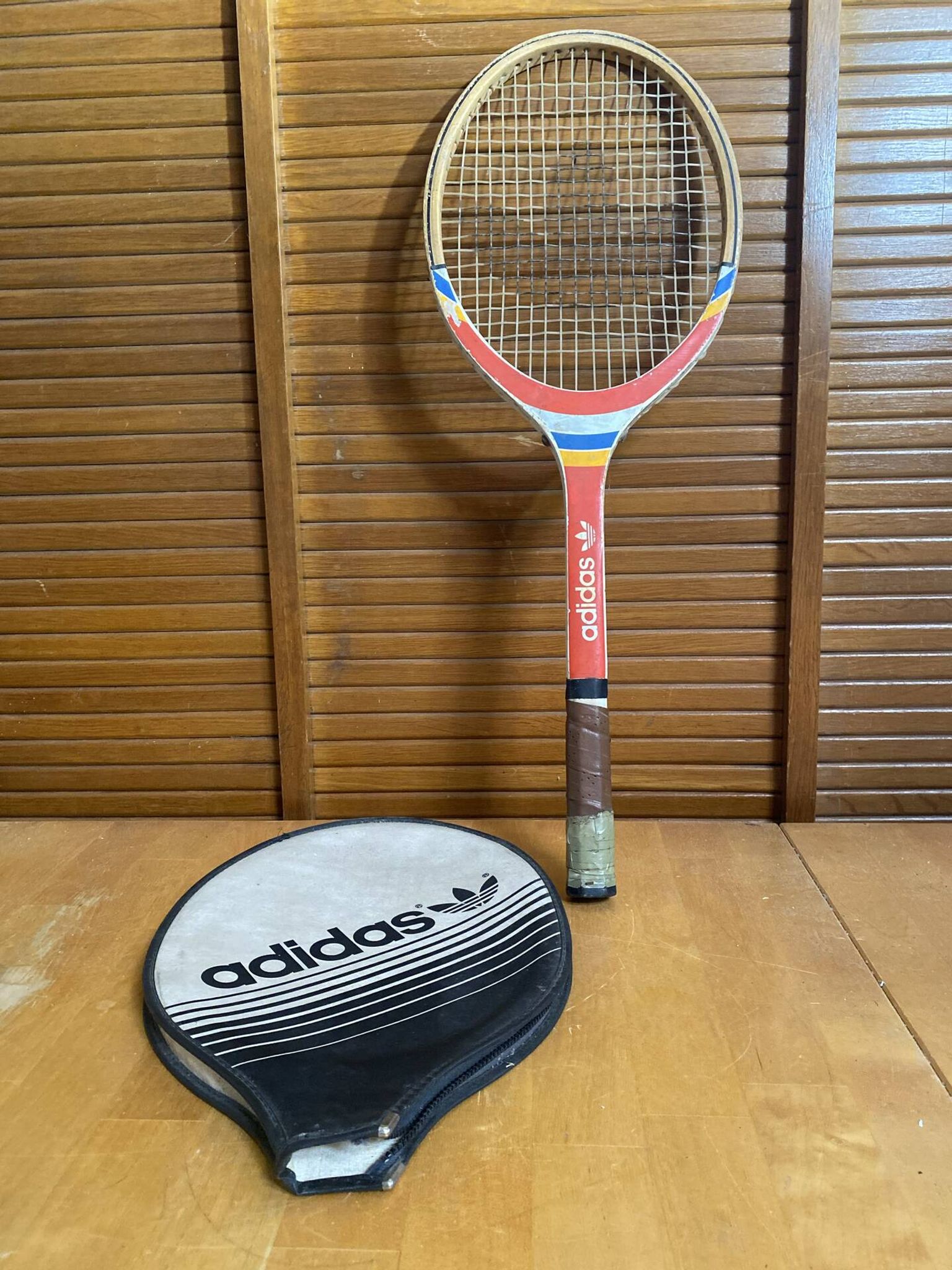 Vintage ADIDAS Cadet Wooden Tennis Racket + Sports Cover #E24