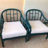 Pair of vintage blue rattan armchairs