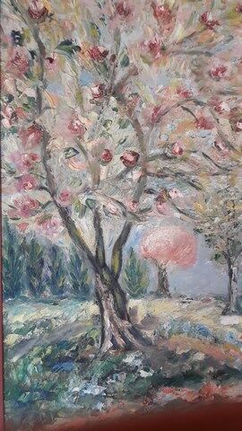 Tableau peinture huile pommiers en fleurs