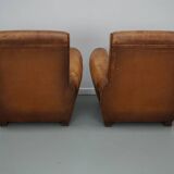 Paire de fauteuils club vintage en cuir cognac français, lot de 2