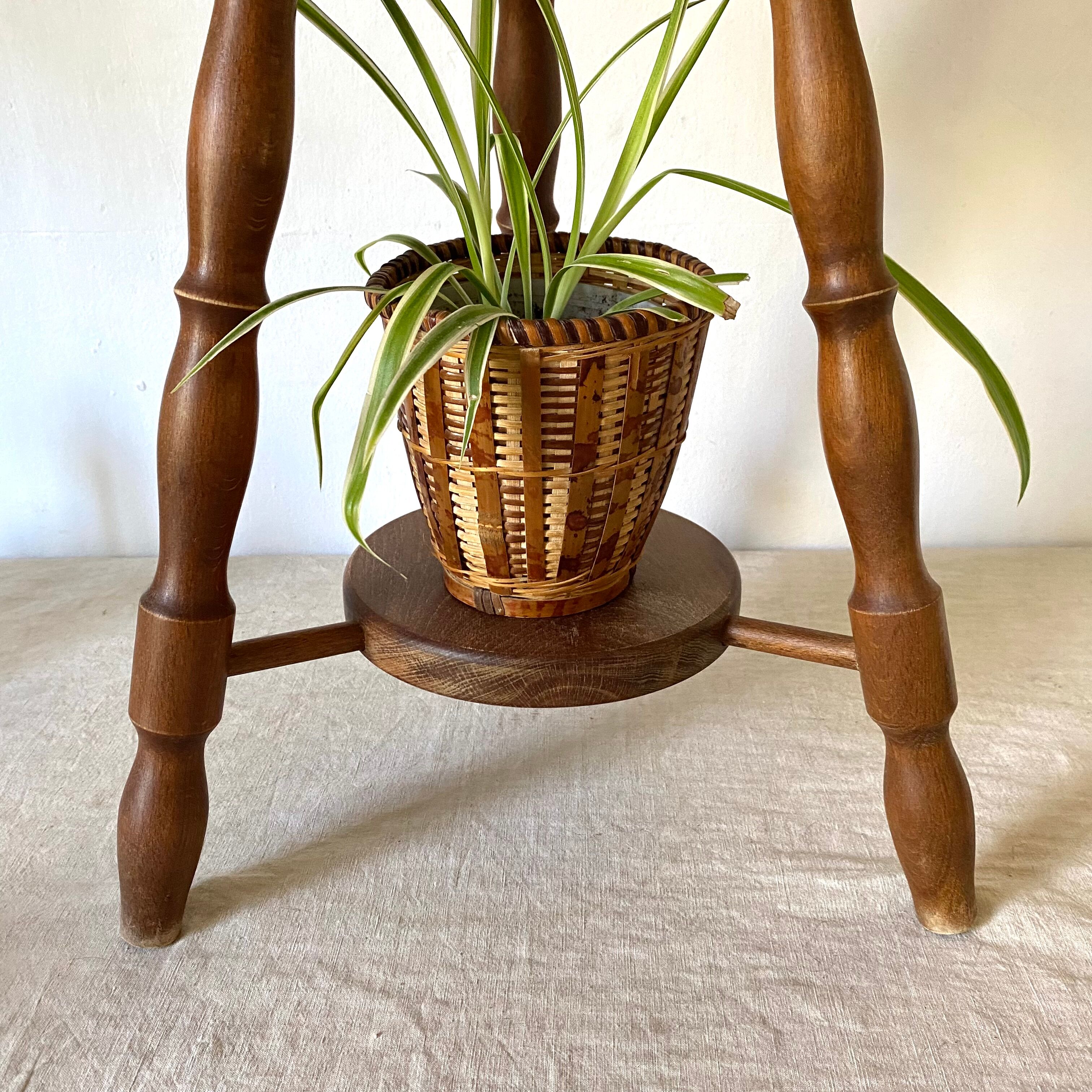 Vintage wooden tripod stool 2 trays
